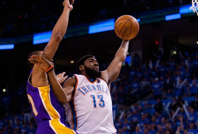 OKLAHOMA CITY - APRIL 30: James Harden #13 of the Oklahoma City Thunder goes for a lay up against the Los Angeles Lakers during Game Six of the Western Conference Quarterfinals of the 2010 NBA Playoffs on April 30, 2010 at the Ford Center in Oklahoma City, Oklahoma.  The Lakers beat the Thunder 95-94.  NOTE TO USER: User expressly acknowledges and agrees that, by downloading and or using this photograph, User is consenting to the terms and conditions of the Getty Images License Agreement.  (Photo by Dilip Vishwanat/Getty Images)