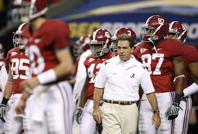 ATLANTA - DECEMBER 5:  Head coach Nick Saban of the Alabama Crimson Tide watches his players during warm ups against the Florida Gators during the SEC Championship game at Georgia Dome on December 5, 2009 in Atlanta, Georgia.  (Photo by Kevin C. Cox/Getty Images)