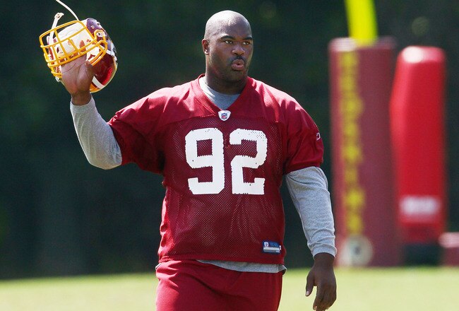 ASHBURN, VA - AUGUST 06:  Defensive lineman Albert Haynesworth #92 of the Washington Redskins walks off the field after missing his eighth consecutive day of practice during Redskins training camp on August 6, 2010 in Ashburn, Virginia.  (Photo by Win McNamee/Getty Images)