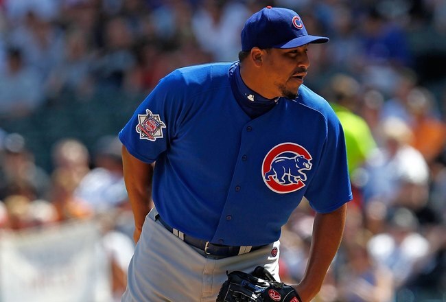 CHICAGO - JUNE 25: Starting pitcher Carlos Zambrano #38 of the Chicago Cubs looks for the catcher's signs in the 1st inning against the Chicago White Sox at U.S. Cellular Field on June 25, 2010 in Chicago, Illinois. Zambrano was suspended indefinitely by the Cubs for an outburst in the dugout after the 1st inning. The White Sox defeated the Cubs 6-0. (Photo by Jonathan Daniel/Getty Images)