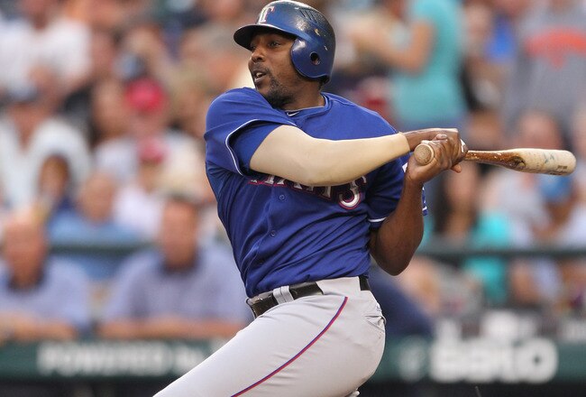 SEATTLE - AUGUST 05:  Vladimir Guerrero #27 of the Texas Rangers bats against the Seattle Mariners at Safeco Field on August 5, 2010 in Seattle, Washington. (Photo by Otto Greule Jr/Getty Images)