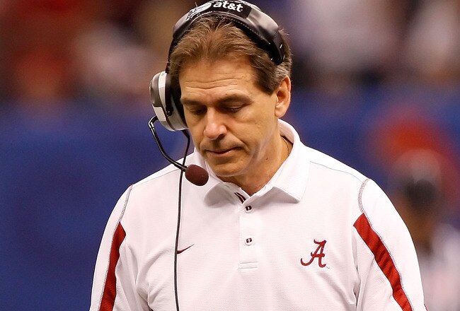 NEW ORLEANS - JANUARY 02:  Head coach Nick Saban of the Alabama Crimson Tide looks down in the first half while taking on the Utah Utes during the 75th Allstate Sugar Bowl at the Louisiana Superdome on January 2, 2009 in New Orleans, Louisiana.  (Photo by Chris Graythen/Getty Images)