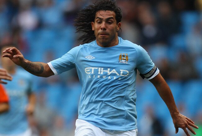 MANCHESTER, ENGLAND - AUGUST 07:  Carlos Tevez of Manchester City during the pre-season friendly match between Manchester City and Valencia at the City of Manchester Stadium on August 7, 2010 in Manchester, England.  (Photo by Alex Livesey/Getty Images)