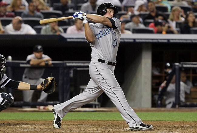 NEW YORK - AUGUST 03:  Travis Snider #45 of the Toronto Blue Jays bats against of the New York Yankees on August 3, 2010 at Yankee Stadium in the Bronx borough of New York City. The Jays defeated the Yankees 8-2.  (Photo by Jim McIsaac/Getty Images)