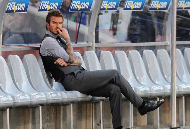 BLOEMFONTEIN, SOUTH AFRICA - JUNE 27:  David Beckham of England is thoughtful ahead of the 2010 FIFA World Cup South Africa Round of Sixteen match between Germany and England at Free State Stadium on June 27, 2010 in Bloemfontein, South Africa.  (Photo by Michael Regan/Getty Images)