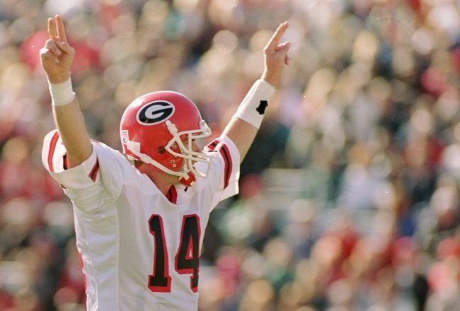 Quarterback Mike Bobo of the Georgia Bulldogs celebrates during the Outback Bowl against the Wisconsin Badgers at Houlihan''s Stadium in Tampa, Florida. Georgia won the game, 33-6.