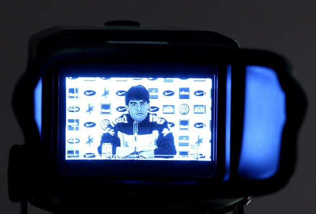 JOHANNESBURG, SOUTH AFRICA - JUNE 04:  Kaka is seen through the viewfinder of a televison camera during the Brazil team press conference at The Fairways Hotel on June 4, 2010 in Johannesburg, South Africa. The Brazil national team are in South Africa to contest the 2010 FIFA World Cup.  (Photo by Richard Heathcote/Getty Images)