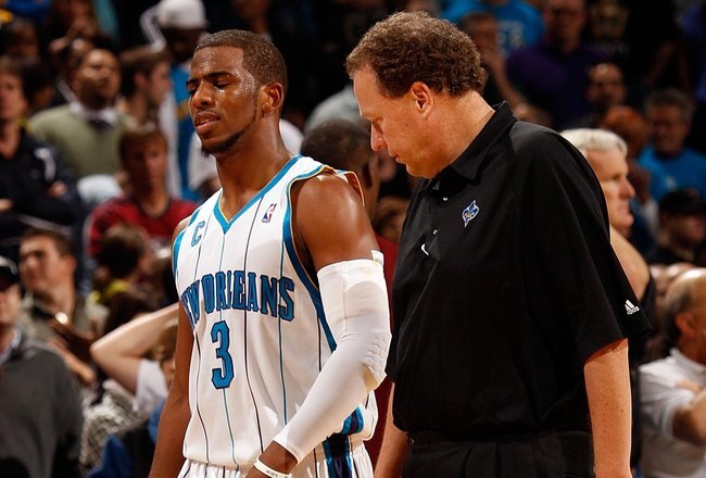 NEW ORLEANS - JANUARY 29:  Chris Paul #3 of the New Orleans Hornets walks off the court after injuring his knee against the Chicago Bulls at the New Orleans Arena on January 29, 2010 in New Orleans, Louisiana.   NOTE TO USER: User expressly acknowledges and agrees that, by downloading and/or using this Photograph, User is consenting to the terms and conditions of the Getty Images License Agreement.  (Photo by Chris Graythen/Getty Images)