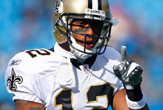 CHARLOTTE, NC - JANUARY 03:  Marques Colston #12 of the New Orleans Saints is seen on the field during pregame warm ups prior to the start of the game against the Carolina Panthers at Bank of America Stadium on January 3, 2010 in Charlotte, North Carolina.  (Photo by Scott Halleran/Getty Images)