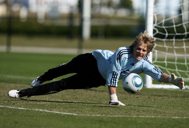 FORT LAUDERDALE, FL - JANUARY 12:  Goaltender Brian  Perk #4 of Condivo makes a save during the Adidas MLS Player Combine at Central Broward Regional Park on January 12, 2010 in Fort Lauderdale, Florida.  (Photo by Doug Benc/Getty Images)