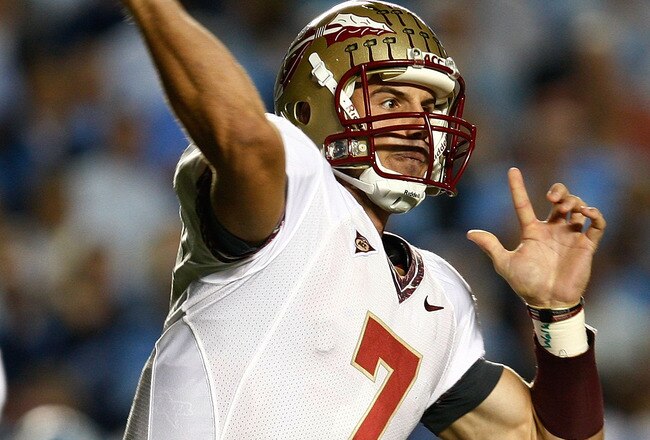 CHAPEL HILL, NC - OCTOBER 22:  Christian Ponder #7 of the Florida State Seminoles throws a pass against the North Carolina Tar Heels at Kenan Stadium on October 22, 2009 in Chapel Hill, North Carolina.  (Photo by Scott Halleran/Getty Images)