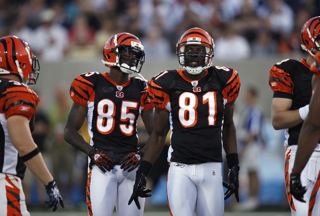 CANTON, OH - AUGUST 8: Terrell Owens #81 and Chad Ochocinco #85 of the Cincinnati Bengals look on against the Dallas Cowboys during the 2010 Pro Football Hall of Fame Game at the Pro Football Hall of Fame Field at Fawcett Stadium on August 8, 2010 in Canton, Ohio. (Photo by Joe Robbins/Getty Images)