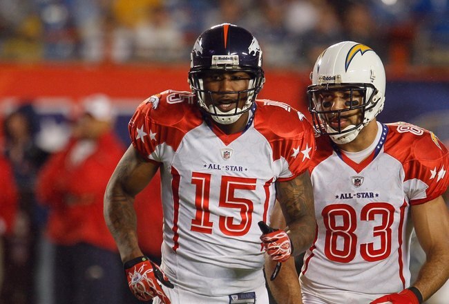 MIAMI GARDENS, FL - JANUARY 31:  Brandon Marshall #15 and Vincent Jackson #83 of the AFC's Denver Broncos and San Diego Chargers jog on the field during the 2010 AFC-NFC Pro Bowl game at Sun Life Stadium on January 31, 2010 in Miami Gardens, Florida. The AFC defeated the NFC 41-34. (Photo by Scott Halleran/Getty Images)