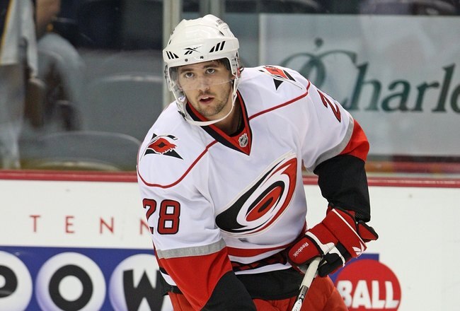 NASHVILLE, TN - SEPTEMBER 26:  Defenseman Jamie McBain #28 of the Carolina Hurricanes skates during a pre-season NHL Hockey game at the Sommet Center on September 26, 2009 in Nashville, Tennessee.  (Photo by Frederick Breedon/Getty Images)