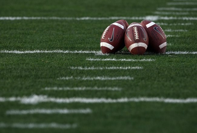 PASADENA, CA - JANUARY 07:  A detailed picture of footballs on the field prior to the Citi BCS National Championship game between the Texas Longhorns and the Alabama Crimson Tide at the Rose Bowl on January 7, 2010 in Pasadena, California.  (Photo by Stephen Dunn/Getty Images)