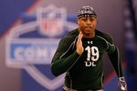 INDIANAPOLIS, IN - MARCH 1: Defensive lineman Greg Hardy of Mississippi runs the 40 yard dash during the NFL Scouting Combine presented by Under Armour at Lucas Oil Stadium on March 1, 2010 in Indianapolis, Indiana. (Photo by Scott Boehm/Getty Images)
