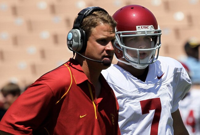 LOS ANGELES, CA - MAY 01:  Head coach Lane Kiffin talks with quarterback Matt Barkley #7 during the  USC Trojans spring game on  May 1, 2010 at the Los Angeles Memorial Coliseum in Los Angeles, California.  (Photo by Stephen Dunn/Getty Images)