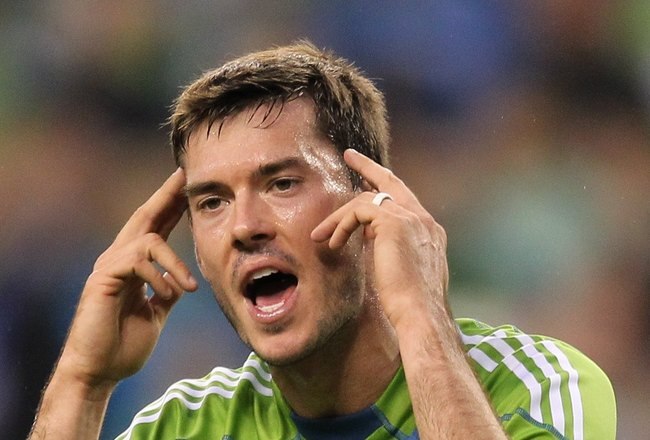 SEATTLE - JUNE 10:  Brad Evans #3 of the Seattle Sounders FC gestures to the referee during the game against D.C. United on June 10, 2010 at Qwest Field in Seattle, Washington. (Photo by Otto Greule Jr/Getty Images)