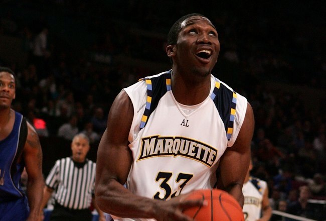 NEW YORK - MARCH 12: Trevor Mbakwe #33 of the Marquette Golden Eagles get ready to make a shot against Seton Hall during the 2008 Big East Men's Basketball Championship at Madison Square Garden on March 12, 2008 in New York City.  (Photo by Jim McIsaac/Getty Images)