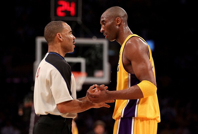 LOS ANGELES, CA - JUNE 17:  Referee Dan Crawford discusses a call with Kobe Bryant #24 of the Los Angeles Lakers  in Game Seven of the 2010 NBA Finals against the Boston Celtics at Staples Center on June 17, 2010 in Los Angeles, California.  NOTE TO USER: User expressly acknowledges and agrees that, by downloading and/or using this Photograph, user is consenting to the terms and conditions of the Getty Images License Agreement.  (Photo by Christian Petersen/Getty Images)