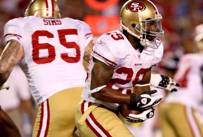 SAN DIEGO - SEPTEMBER 04:  Running back Glen Coffee #29 of the San Francisco 49ers carries the ball against the San Diego Chargers on September 4, 2009 at Qualcomm Stadium in San Diego, California.  (Photo by Stephen Dunn/Getty Images)