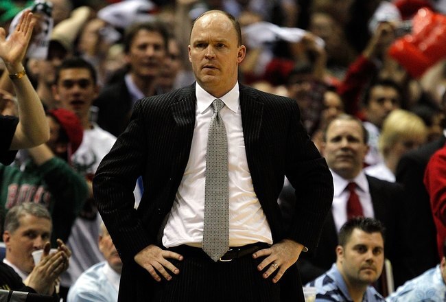 MILWAUKEE - APRIL 26: Head coach Scott Skiles of the Milwaukee Bucks watches as his team takes on the Atlanta Hawks in Game Four of the Eastern Conference Quarterfinals during the 2010 NBA Playoffs at the Bradley Center on April 26, 2010 in Milwaukee, Wisconsin. The Bucks defeated the Hawks 111-104. NOTE TO USER: User expressly acknowledges and agrees that, by downloading and/or using this Photograph, User is consenting to the terms and conditions of the Getty Images License Agreement. (Photo by Jonathan Daniel/Getty Images)