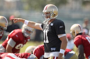 SANTA CLARA, CA - AUGUST 02:  Alex Smith #11 works out during the San Francisco 49ers training camp at their training complex on August 2, 2010 in Santa Clara, California.  (Photo by Ezra Shaw/Getty Images)