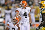 GREEN BAY, WI - AUGUST 14: Phil Dawson #4 of the Cleveland Browns watches his game winning field goal during the NFL preseason game against the Green Bay Packers at Lambeau Field August 14, 2010 in Green Bay, Wisconsin. (Photo by Tom Dahlin/Getty Images)