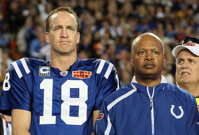 MIAMI GARDENS, FL - FEBRUARY 07: Quarterback Peyton Manning #18 and head coach Jim Caldwell of the Indianapolis Colts look on prior to Super Bowl XLIV against the New Orleans Saints on February 7, 2010 at Sun Life Stadium in Miami Gardens, Florida.  (Photo by Andy Lyons/Getty Images)