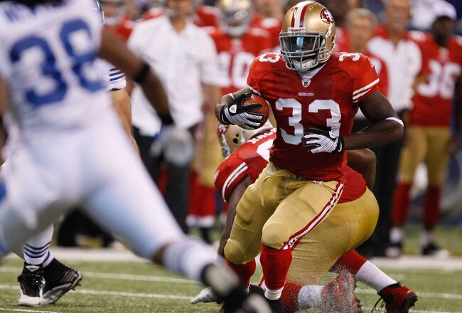 INDIANAPOLIS, IN - AUGUST 15: Anthony Dixon #33 of the San Francisco 49ers runs against the Indianapolis Colts during the preseason game at Lucas Oil Stadium on August 15, 2010 in Indianapolis, Indiana.  (Photo by Scott Boehm/Getty Images)