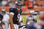 CINCINNATI, OH - AUGUST 15: Brady Quinn #9 of the Denver Broncos calls out a play at the line against the Cincinnati Bengals during a preseason game at Paul Brown Stadium on August 15, 2010 in Cincinnati, Ohio. The Bengals won 33-24. (Photo by Joe Robbins/Getty Images)