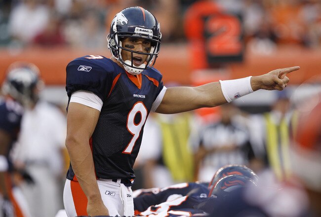 CINCINNATI, OH - AUGUST 15: Brady Quinn #9 of the Denver Broncos calls out a play at the line against the Cincinnati Bengals during a preseason game at Paul Brown Stadium on August 15, 2010 in Cincinnati, Ohio. The Bengals won 33-24. (Photo by Joe Robbins/Getty Images)