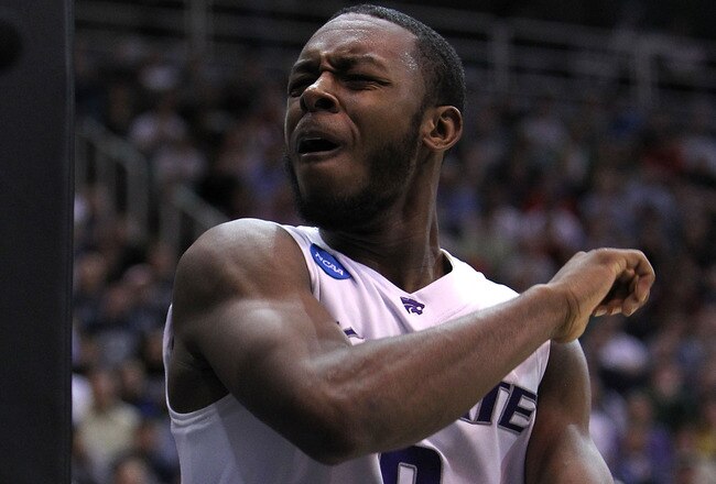 SALT LAKE CITY - MARCH 27:  Jacob Pullen #0 of the Kansas State Wildcats argues a call against the Butler Bulldogs during the west regional final of the 2010 NCAA men's basketball tournament at the Energy Solutions Arena on March 27, 2010 in Salt Lake City, Utah.  (Photo by Jed Jacobsohn/Getty Images)