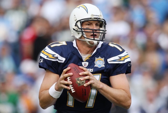 SAN DIEGO - JANUARY 17:  Quarterback Philip Rivers #17 of the San Diego Chargers drops back to pass against the New York Jets during the AFC Divisional Playoff Game at Qualcomm Stadium on January 17, 2010 in San Diego, California.  (Photo by Donald Miralle/Getty Images)