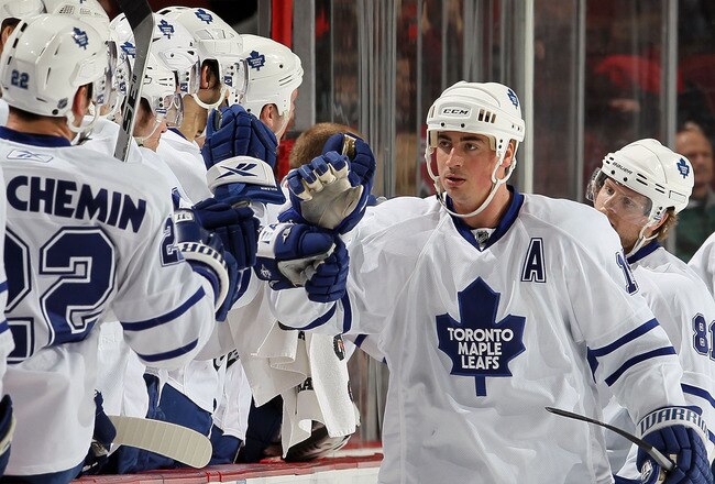 NEWARK, NJ - FEBRUARY 05:  Tomas Kaberle #15 of the Toronto Maple Leafs celebrates his second period goal against the New Jersey Devils at the Prudential Center on February 5, 2010 in Newark, New Jersey.  (Photo by Jim McIsaac/Getty Images)