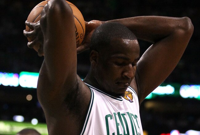 BOSTON - JUNE 08:  Kendrick Perkins #43  of the Boston Celtics reacts against the Los Angeles Lakers in Game Three of the 2010 NBA Finals on June 8, 2010 at TD Garden in Boston, Massachusetts. NOTE TO USER: User expressly acknowledges and agrees that, by downloading and/or using this Photograph, user is consenting to the terms and conditions of the Getty Images License Agreement.  (Photo by Elsa/Getty Images)