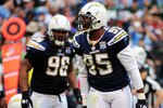 SAN DIEGO - JANUARY 17:  Linebacker Shaun Phillips #95 of the San Diego Chargers celebrates a defensive play against the New York Jets during the AFC Divisional Playoff Game at Qualcomm Stadium on January 17, 2010 in San Diego, California.  (Photo by Robert Laberge/Getty Images)