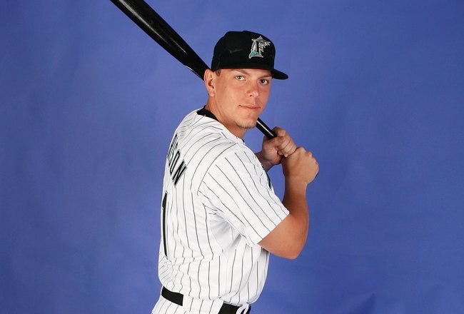 JUPITER, FL - FEBRUARY 22:  Logan Morrison #81 of the Florida Marlins poses during photo day at Roger Dean Stadium on February 22, 2009 in Jupiter, Florida.  (Photo by Doug Benc/Getty Images)