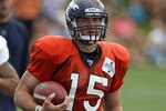 ENGLEWOOD, CO - AUGUST 05:  Quarterback Tim Tebow #15 of the Denver Bronocs takes part in practice during training camp at Dove Valley on August 5, 2010 in Englewood, Colorado.  (Photo by Doug Pensinger/Getty Images)