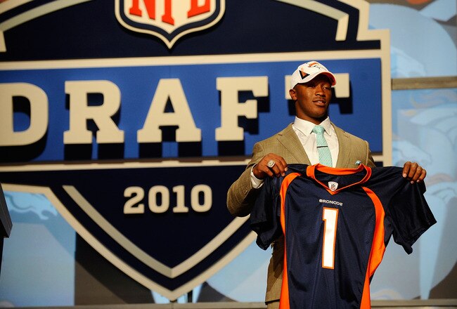 NEW YORK - APRIL 22:  Demaryius Thomas from the Georgia Tech Yellow Jackets holds up a Denver Broncos jersey after he was drafted by the Broncos number 22 overall during the the first round of the 2010 NFL Draft at Radio City Music Hall on April 22, 2010 in New York City.  (Photo by Jeff Zelevansky/Getty Images)