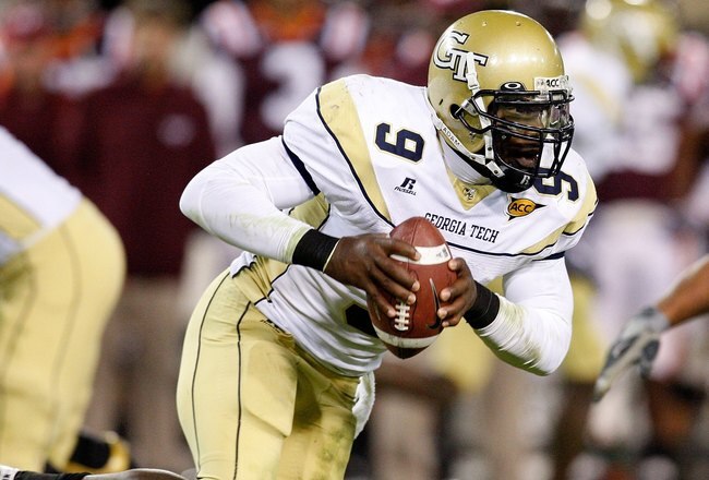 ATLANTA - OCTOBER 17:  Quarterback Josh Nesbitt #9 of the Georgia Tech Yellow Jackets against the Virginia Tech Hokies at Bobby Dodd Stadium on October 17, 2009 in Atlanta, Georgia.  (Photo by Kevin C. Cox/Getty Images)