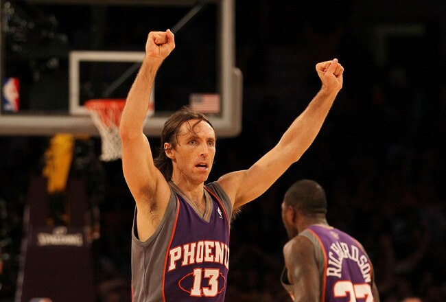 LOS ANGELES, CA - MAY 27:  Steve Nash #13 of the Phoenix Suns reacts after Jason Richardson #23 tied the game in the final seconds of Game Five of the Western Conference Finals against the Los Angeles Lakers during the 2010 NBA Playoffs at Staples Center on May 27, 2010 in Los Angeles, California. NOTE TO USER: User expressly acknowledges and agrees that, by downloading and/or using this Photograph, user is consenting to the terms and conditions of the Getty Images License Agreement.  (Photo by Jeff Gross/Getty Images)