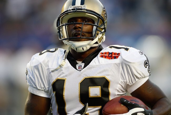 MIAMI GARDENS, FL - FEBRUARY 07:  Wide receiver Devery Henderson #19 of the New Orleans Saints looks on before the start of Super Bowl XLIV against the Indianapolis Colts on February 7, 2010 at Sun Life Stadium in Miami Gardens, Florida.  (Photo by Chris Graythen/Getty Images)