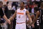 SALT LAKE CITY - MARCH 25:  Wesley Johnson #4 of the Syracuse Orange in action against the Butler Bulldogs during the west regional semifinal of the 2010 NCAA men's basketball tournament at the Energy Solutions Arena on March 25, 2010 in Salt Lake City, Utah.  (Photo by Jed Jacobsohn/Getty Images)