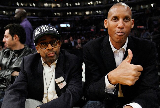LOS ANGELES, CA - NOVEMBER 24: Former NBA star Reggie Miller of the Indiana Pacers and film maker Spike Lee look on during the NBA game between the New York Knicks and Los Angeles Lakers Staples Center on November 24, 2009 in Los Angeles, California.  NOTE TO USER: User expressly acknowledges and agrees that, by downloading and/or using this Photograph, user is consenting to the terms and conditions of the Getty Images License Agreement.  (Photo by Kevork Djansezian/Getty Images)