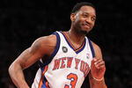 NEW YORK - FEBRUARY 20:  Tracy McGrady #3 of the New York Knicks smiles after making a basket against the Oklahoma City Thunder at Madison Square Garden on February 20, 2010 in New York, New York. NOTE TO USER: User expressly acknowledges and agrees that, by downloading and or using this photograph, User is consenting to the terms and conditions of the Getty Images License Agreement.  (Photo by Nick Laham/Getty Images)