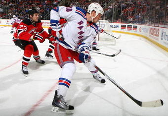 NEWARK, NJ - MARCH 10:  Marc Staal #18 of the New York Rangers skates against the New Jersey Devils at the Prudential Center on March 10, 2010 in Newark, New Jersey. Devils defeated the Rangers 6-3.  (Photo by Mike Stobe/Getty Images)