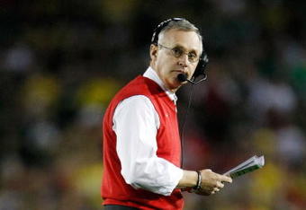 PASADENA, CA - JANUARY 01:  Head coach Jim Tressel of the Ohio State Buckeyes is seen during the 96th Rose Bowl game against the Oregon Ducks on January 1, 2010 in Pasadena, California.  (Photo by Jeff Gross/Getty Images)