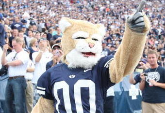 PROVO, UT - SEPTEMBER 19:  Cosmo the mascot of Brigham Young University Cougars gets the fans going before the game against the Florida State Seminoles at La Vell Edwards Stadium on September 19, 2009 in Provo, Utah.  (Photo by Melissa Majchrzak via Getty Images)