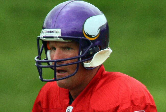EDEN PRAIRIE, MN - AUGUST 18: Quarterback Brett Favre #4 of the Minnesota Vikings participates in his first morning practice since returning to Vikings Winter Park on August 18, 2010 in Eden Prairie, Minnesota. Favre injured his ankle last year and had been reportedly considering retiring after one season with the Vikings.  (Photo by Adam Bettcher/Getty Images)